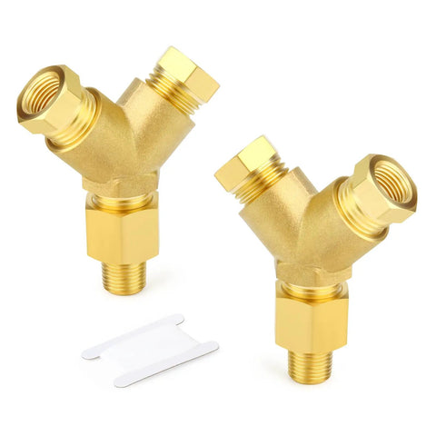 Two brass pipe fitting tee Y adapters, three-way with one male branch and two female NPT ports, 1/8 inch size for DIY plumbing projects.
