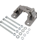 Heavy-duty concealed stainless steel hinge with screws and washers for doors.