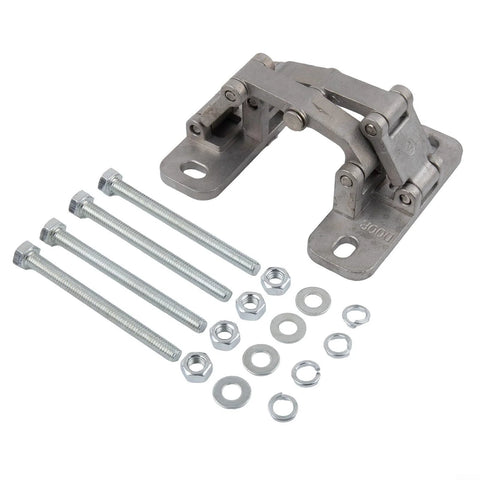 Heavy-duty concealed stainless steel hinge with screws and washers for doors.