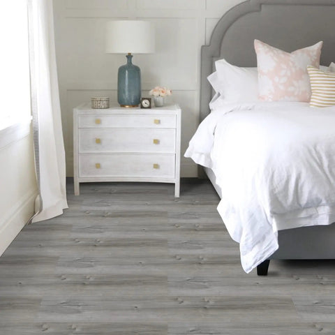 Bedroom with Self Adhesive Peel And Stick Floor Tile Set 10 Pack 15 Sq Ft Natural Grey Wood Grain Look Waterproof PVC Vinyl Plank Flooring