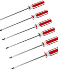 Heavy Duty Magnetic Torx Screwdriver Set With Ergonomic Handles Includes Six Star Bits T10 T15 T20 T25 T27 T30 with red handles and steel shafts.