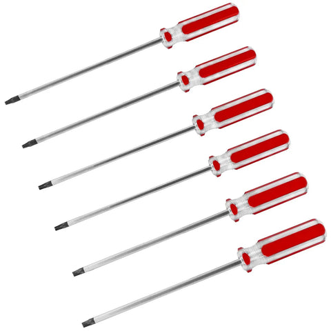 Heavy Duty Magnetic Torx Screwdriver Set With Ergonomic Handles Includes Six Star Bits T10 T15 T20 T25 T27 T30 with red handles and steel shafts.