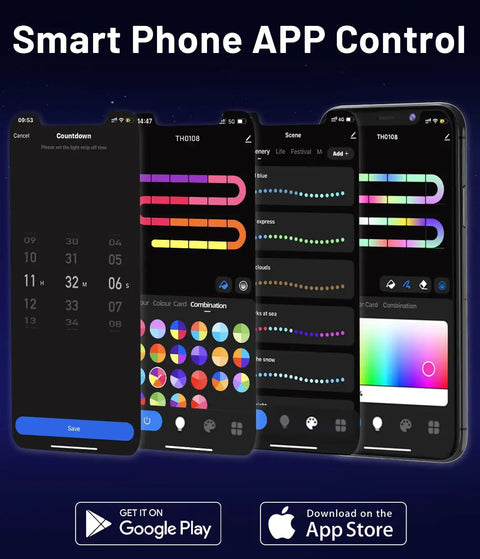 Mobile app interface for controlling Rainbow RGB IC LED Strip Lights 49.21ft Outdoor Smart Rope Lights with 64 Scene Modes.