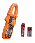 Auto Ranging Clamp Meter for Electricians, Measures AC Current Up To 600A, with batteries and probes, orange handheld multimeter.