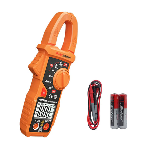 Auto Ranging Clamp Meter for Electricians, Measures AC Current Up To 600A, with batteries and probes, orange handheld multimeter.
