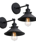 Industrial Wall Sconce Set With Vintage Vibe, 1 Light, Black Metal Shade, 8.1 Inch Diameter, E26 Base, 2 Pack