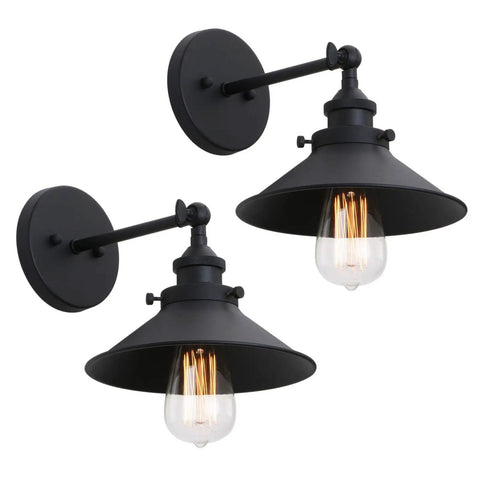 Industrial Wall Sconce Set With Vintage Vibe, 1 Light, Black Metal Shade, 8.1 Inch Diameter, E26 Base, 2 Pack