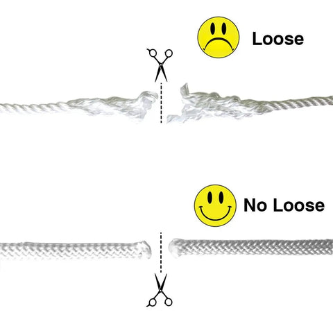Comparison of Outdoor Shade Sail Rope Kit 50 Feet Diamond Braided Polyester Line cut showing loose and no loose ends.