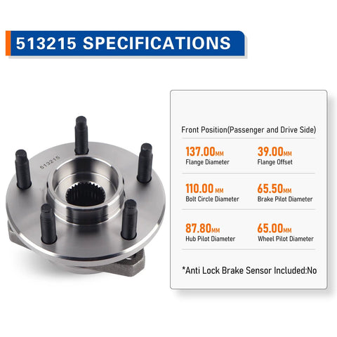 Set Of 2 Front Wheel Bearing Hub Assemblies For 2005-2007 Pontiac G6 And 2004-2007 Chevy Malibu Non ABS, showcasing specifications