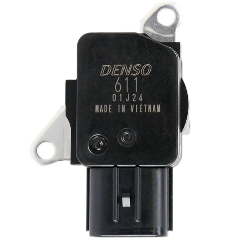 Front view of Denso 197-6110 Mass Air Flow Sensor with gray housing, designed for snappy throttle response and fuel economy in modern rides.