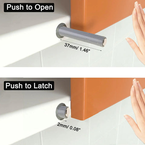 Push To Open Cabinet Hardware 20 Pack Hidden Door Latches mechanism close-up in gray finish for RV closets and cabinets.