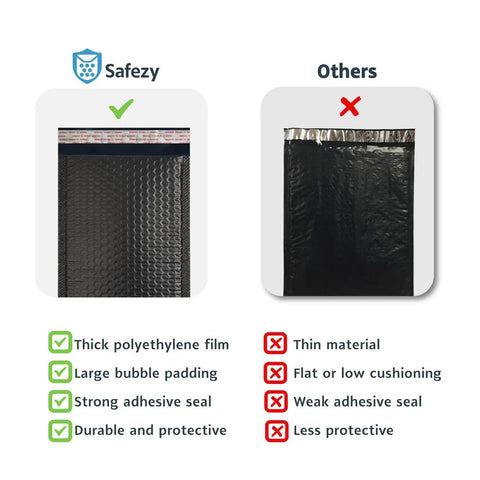 Comparison of Double Layer Bubble Mailers 6x10 Inches 50 Pack Black Padded Envelopes vs thin envelopes, highlighting protection differences.