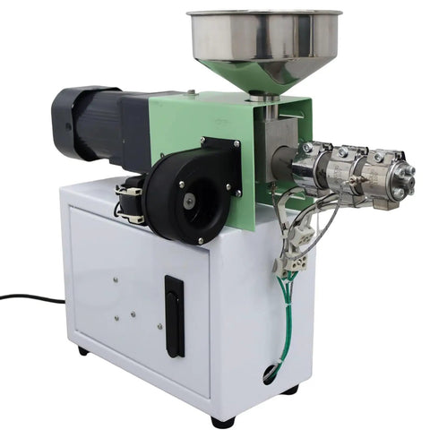 Straight Up Solid 3D Printer Filament Recycler Machine With Super Slick Thermal Controls For Big Time Material Savings On Customizable PLA And ABS Plastic Extrusion, side view showing stainless steel hopper.