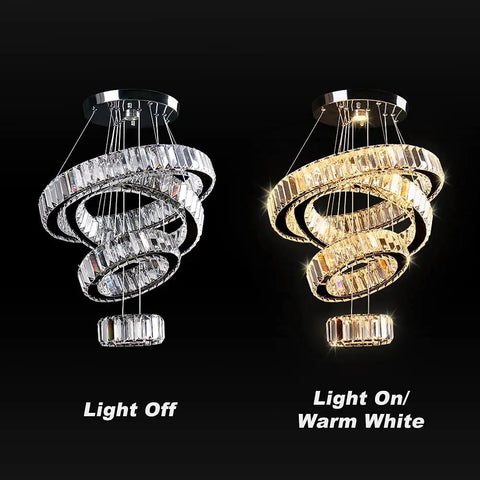 Four Ring Crystal LED Chandelier Pendant Light With Warm White 3000K Dope Modern Stainless Steel Ring Ceiling Fixture