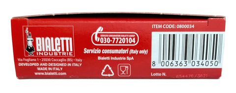 Red Bialetti blister-pack box showing 3 replacement seals and 1 filter for 6-cup Moka Express, barcode visible.
