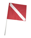 Red Diver Below Inflatable Signal Floater With Dive Flag For Ultimate Water Safety And Visibility 13 Inch Diameter 12 Inch By 11 Inch Flag Durable Easy To Use Gear For Scuba Snorkeling Boating And Water Sports showing a red flag with a white diagonal stripe.