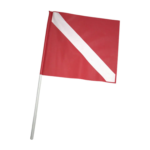 Red Diver Below Inflatable Signal Floater With Dive Flag For Ultimate Water Safety And Visibility 13 Inch Diameter 12 Inch By 11 Inch Flag Durable Easy To Use Gear For Scuba Snorkeling Boating And Water Sports showing a red flag with a white diagonal stripe.