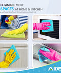 Grime Busting Ultra Soft 50 Pack Microfiber Cloths used for cleaning glass, mirrors, and stainless steel surfaces with gloves.