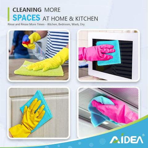 Grime Busting Ultra Soft 50 Pack Microfiber Cloths used for cleaning glass, mirrors, and stainless steel surfaces with gloves.