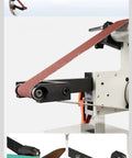 Rock Solid Brushless Belt Sander Paired With Adjustable Knife Grinder and Flip Angle Setup showing belt and roller mechanisms.