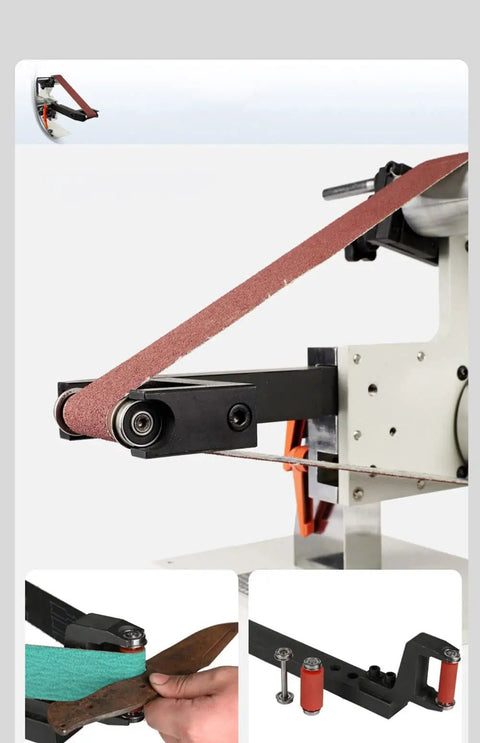 Rock Solid Brushless Belt Sander Paired With Adjustable Knife Grinder and Flip Angle Setup showing belt and roller mechanisms.