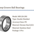 MR128-2RS deep groove ball bearing, double-shielded, chrome steel, 4 pcs