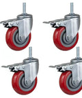 Heavy Duty M12 X 60 Bolt Casters With Silent Pu Swivel Wheels For Trolley Workbench And Scaffolding Tough As Nails Steel Base Smooth Glide Locking Brake Set Of 4 in red and silver.