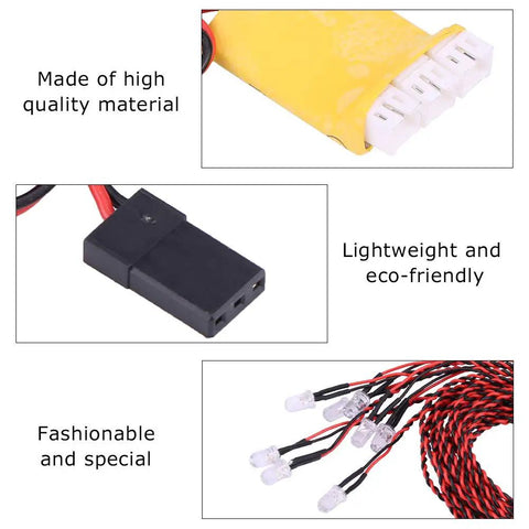 Dope RC Plane LED Light Kit components including connectors and LED wires, emphasizing quality and eco-friendly materials