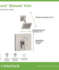 Diagram of Duro Single Handle 1-Spray Shower Trim in Polished Chrome, dimensions of showerhead, arm, and escutcheon shown