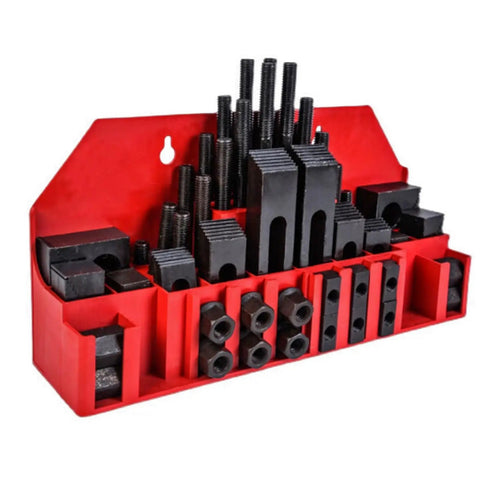 1/2 Inch T-Slot Clamping Kit, 58-Piece Milling Machine Fixture Set With Nuts, Bolts, Horns And Gauges in red organizer