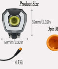 Ultra Bright Electric Bike Headlight For Night Riding With 3 Pins Male Connector Front Light For 24V 36V 48V 52V Ebike Waterproof Front Fork Mount For Safer Night Rides, showing dimensions and 3-pin connector