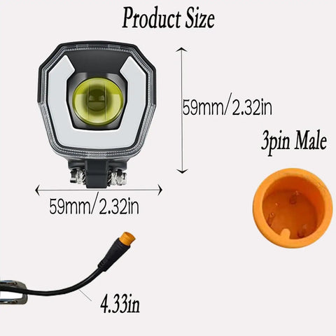Ultra Bright Electric Bike Headlight For Night Riding With 3 Pins Male Connector Front Light For 24V 36V 48V 52V Ebike Waterproof Front Fork Mount For Safer Night Rides, showing dimensions and 3-pin connector