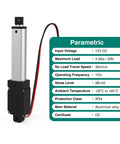 Powerful 75mm 20N Mini Linear Actuator 12V High Speed 1.2 Inches Per Second 4.5lb Load 3 Inch Stroke with parametric chart