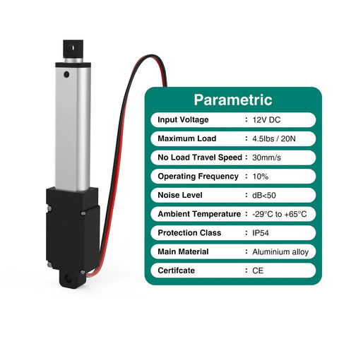 Powerful 75mm 20N Mini Linear Actuator 12V High Speed 1.2 Inches Per Second 4.5lb Load 3 Inch Stroke with parametric chart
