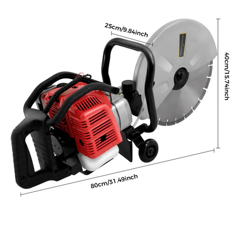 Professional Grade 52CC Two Stroke Gas Concrete Cutting Saw with 13 inch diamond blade and rubber wheels side view.