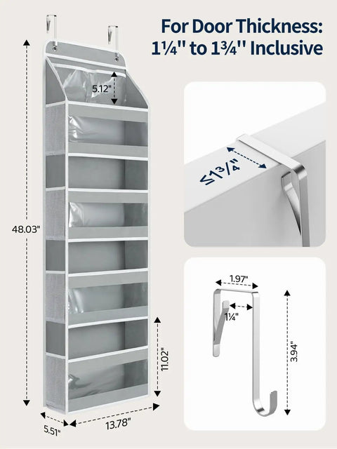 Five Tier Over The Door Organizer With Clear PVC Windows For Stuffed Animals And Everyday Storage Must Have For Bedroom Nursery Closet Dorm Laundry Pantry And Bathroom Grey showing hooks and dimensions