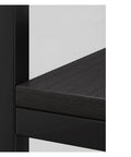 Close-up of the Guy Proof Multi Tier Bookshelf Built Hella Sturdy To Carry All Your Books House Plants Media Gear And Throw Pillows Without Folding Out On You In Every Standard Family Room showing sleek black material and shelf details.