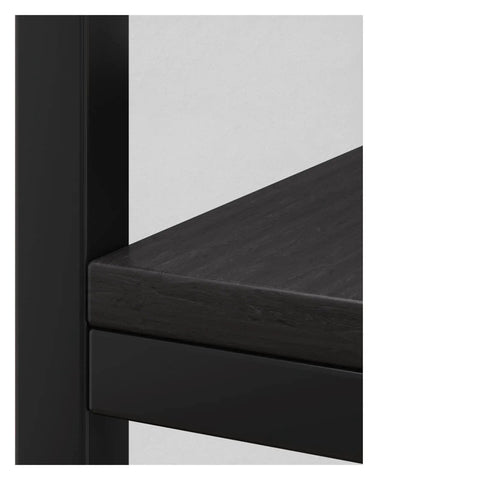 Close-up of the Guy Proof Multi Tier Bookshelf Built Hella Sturdy To Carry All Your Books House Plants Media Gear And Throw Pillows Without Folding Out On You In Every Standard Family Room showing sleek black material and shelf details.