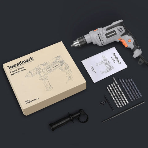 Beefy 7 Amp Hammer Drill Corded 1/2 Inch Chuck 3000 RPM Variable Speed With 10 Drill Bits for Wood Masonry Steel DIY Home Improvement