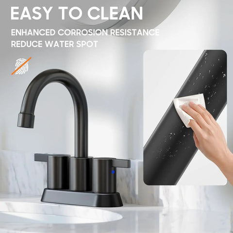 Cleaning matte black 4 inch centerset two handle bathroom faucet with 360 degree swivel spout showing water spot resistance