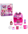 Minnie Mouse Bowrista 10 Inch Kids Espresso Machine Play Set with cups, syrup bottle, frothing pitcher, portafilter, and tamper