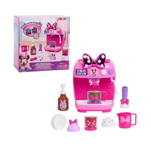Minnie Mouse Bowrista 10 Inch Kids Espresso Machine Play Set with cups, syrup bottle, frothing pitcher, portafilter, and tamper