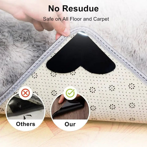 16 Pack Rug Corner Grippers For Hardwood Floors Keep Rugs From Sliding Down, demonstrating no residue on light wood floor.