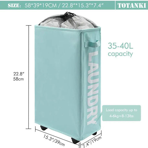 Slim Rolling Laundry Basket On Wheels With Handle, Foldable Collapsible Sorter And Organizer, Tall Narrow Storage Bin In Light Blue
