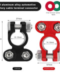 Battle Tested Aluminum Battery Terminal Connectors Keeps Rust At Bay Fits Like A Glove Over Positive And Negative Posts For Rides That Hit Hard Ready To Crank Pack Of Four, black and red terminal connectors with measurements.