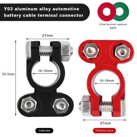 Battle Tested Aluminum Battery Terminal Connectors Keeps Rust At Bay Fits Like A Glove Over Positive And Negative Posts For Rides That Hit Hard Ready To Crank Pack Of Four, black and red terminal connectors with measurements.