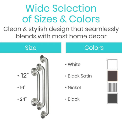 Grab Bar For Showers You Can Trust, sizes 12, 16, 24 inches, colors white, black satin, nickel, black, antislip handrail for seniors