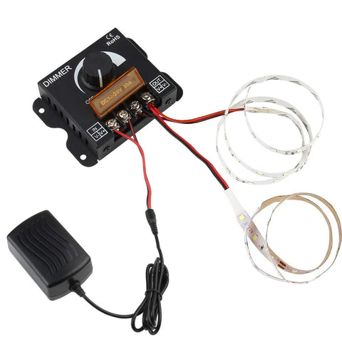 LED Light Strip Dimmer Controller With Aluminum Housing 12V To 24V DC 30A PWM Brightness Rotating Knob On Off Switch shown
