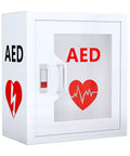 Front view of white metal AED wall-mount cabinet with window displaying red AED text and heart icon.