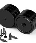 Heavy Duty 1.42 Inch Neodymium Cup Magnets With Holes For Wall Mounting, Waterproof And Rust Resistant, 150lb Plus Lifting Power, Screws Included, Black Round Base Discs, 6 Pack For Tools And Hanging showing two black magnets with screws